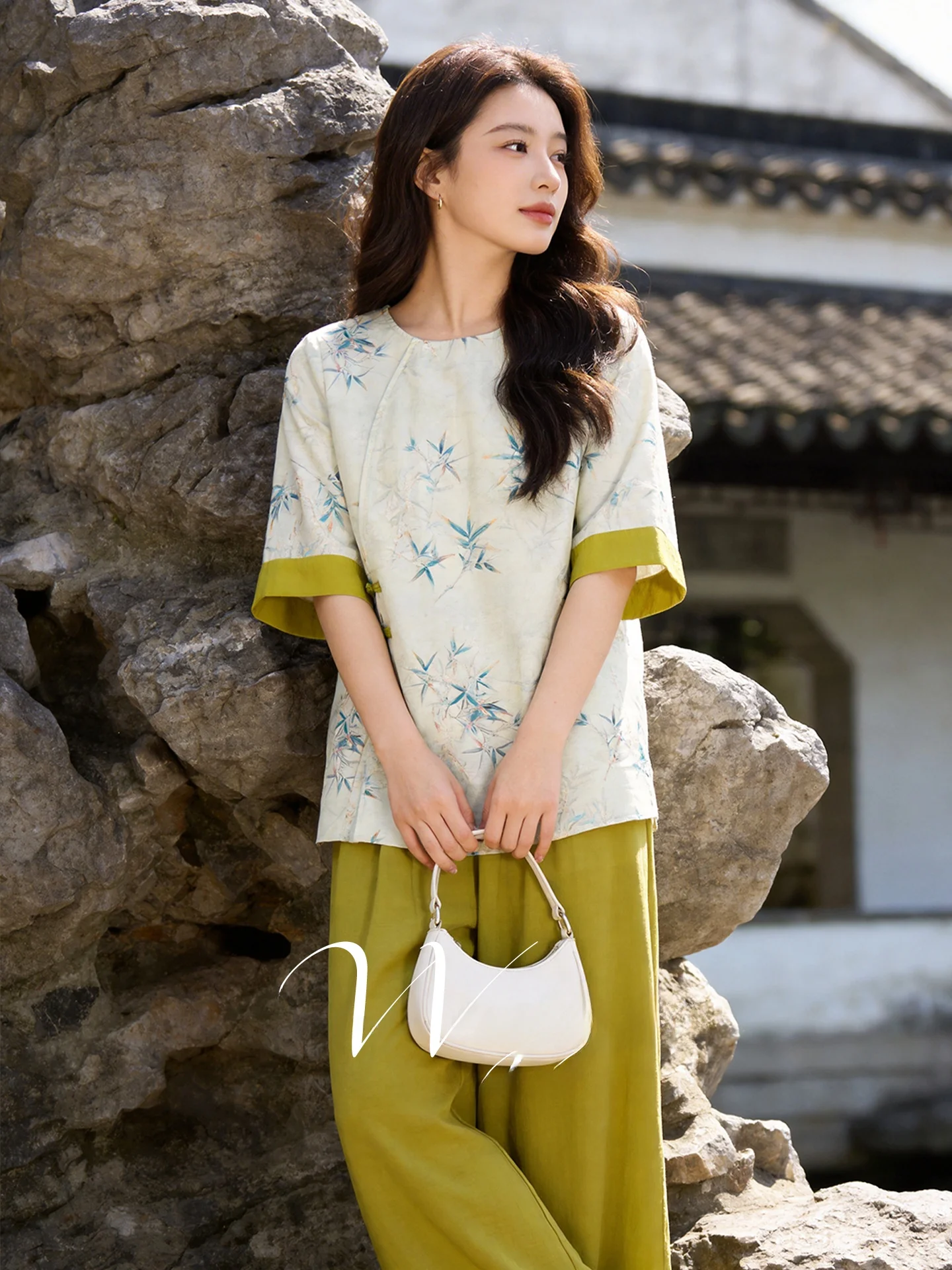 

plus Size Women's Summer Outfit New Chinese Style Bamboo Leaf Print Top Wide Leg Pants Set Casual High Waist Long Pants