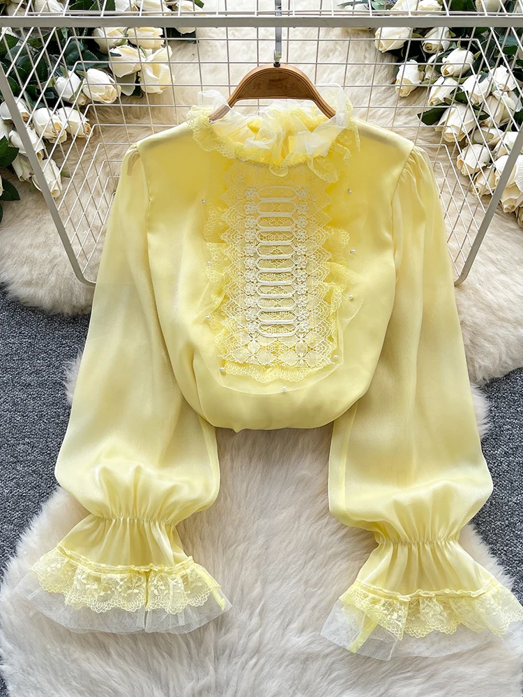 

Кружевная лоскутная рубашка с расклешенными рукавами и воротником-стойкой для женщин, весенне-осенняя новая элегантная универсальная блузка во французском стиле, топ W68