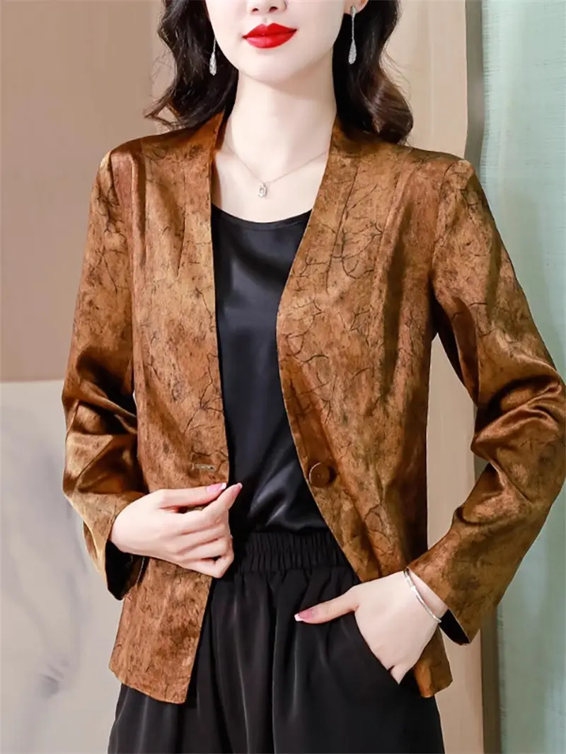 New Fashion Jacquard Short Coat Female Mother's Fashionable Acetic Acid Long Sleeve Suit Top V-Neck One Button Slim Blazer Z3936