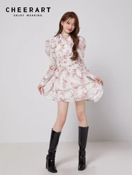 CHEERART Puff Sleeve Rose Floral Long Sleeve Mini Dress For Women V Neck Asymmetrical Korean Fashion Tunics Dress Spring Summer