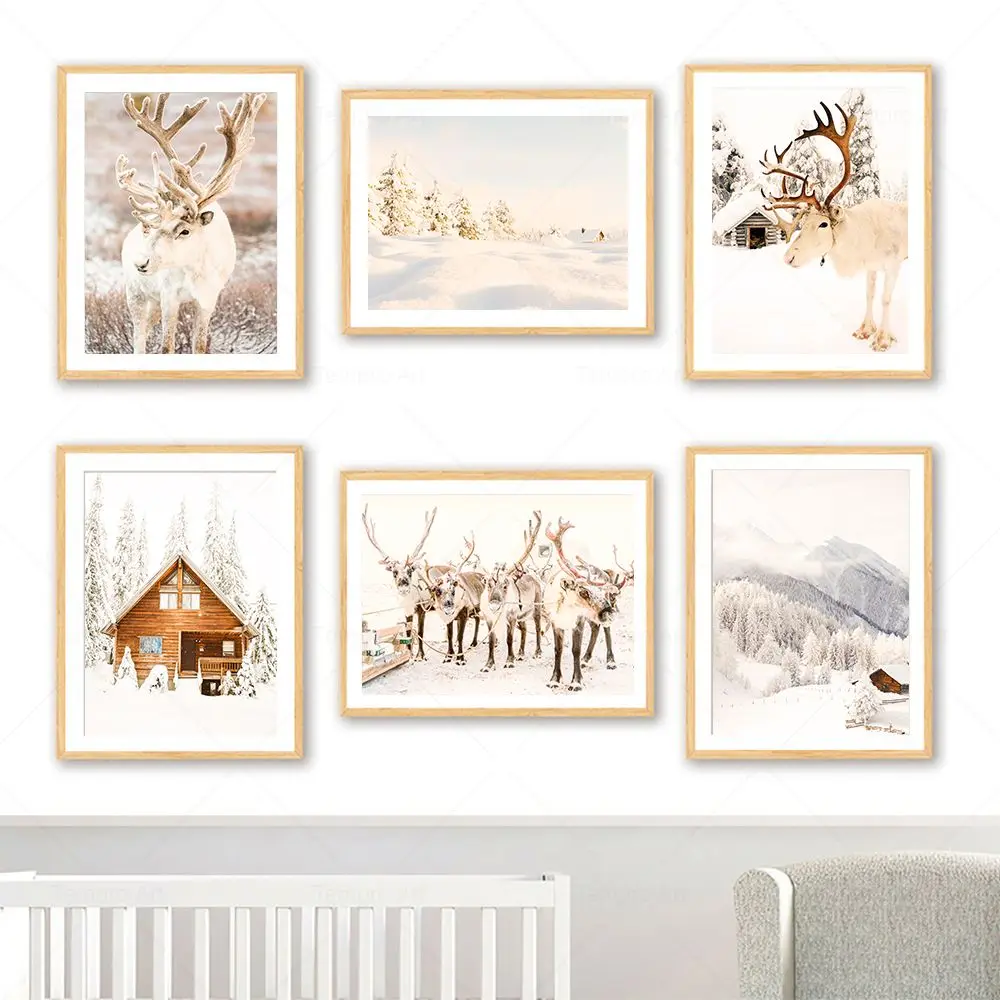 

Winter Snow Landscape Poster Elk Wood Pine Forest Print Christmas Canvas Painting Nordic Wall Art Picture Living Room Home Decor