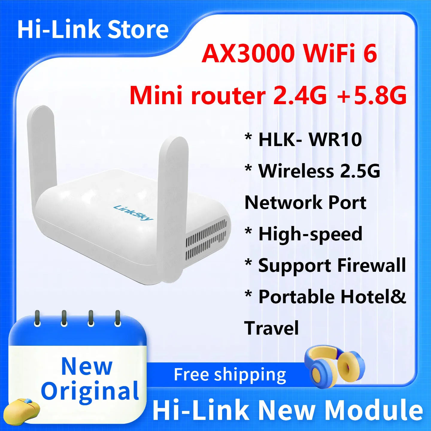 

New HLK- WR10 Mini Router Home High-speed Gigabit AX3000 WiFi6 Wireless 2.5G Network Port 2.4G5.8G Dual-band Support Firewall