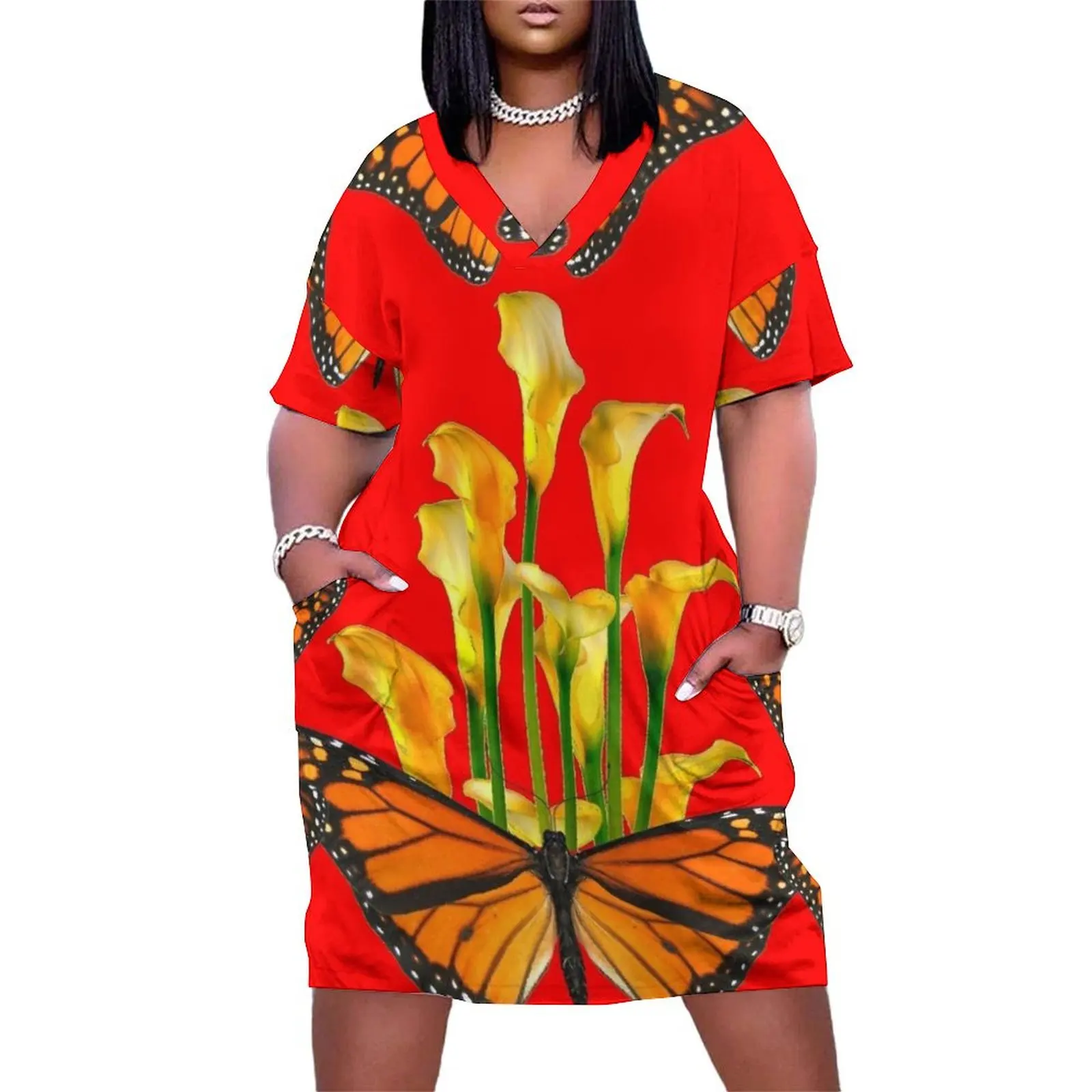 

RED ART MONARCH BUTTERFLIES & GOLDEN CALLA LILIES Loose Pocket Dress dress dresses evening dress