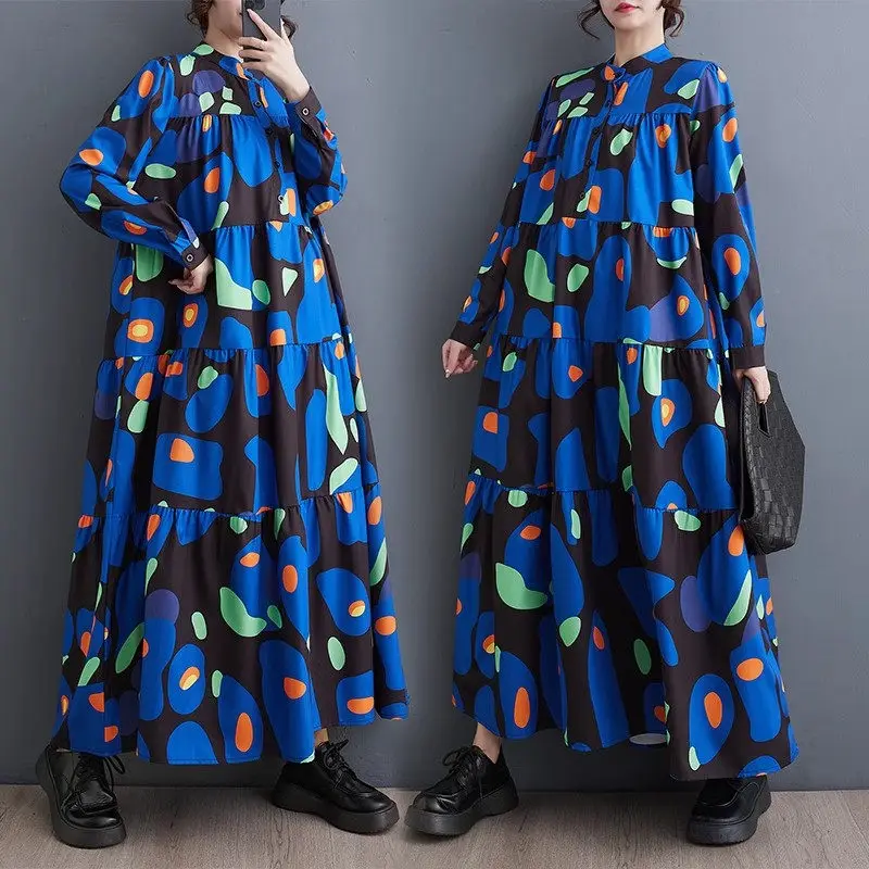 

2024 Korean Spring And Autumn Shirt Dress Women Large Size Loose Slim Fashion Long Sleeved Printed Mid Length Dress Z4450