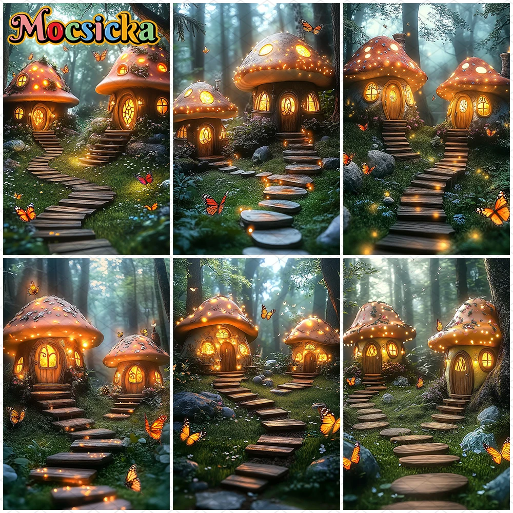 Mocsicka Mushroom House Photo Background Spring Party Portrait Photography Backdrop Forest Butterfly Trail Decorations Wallpaper