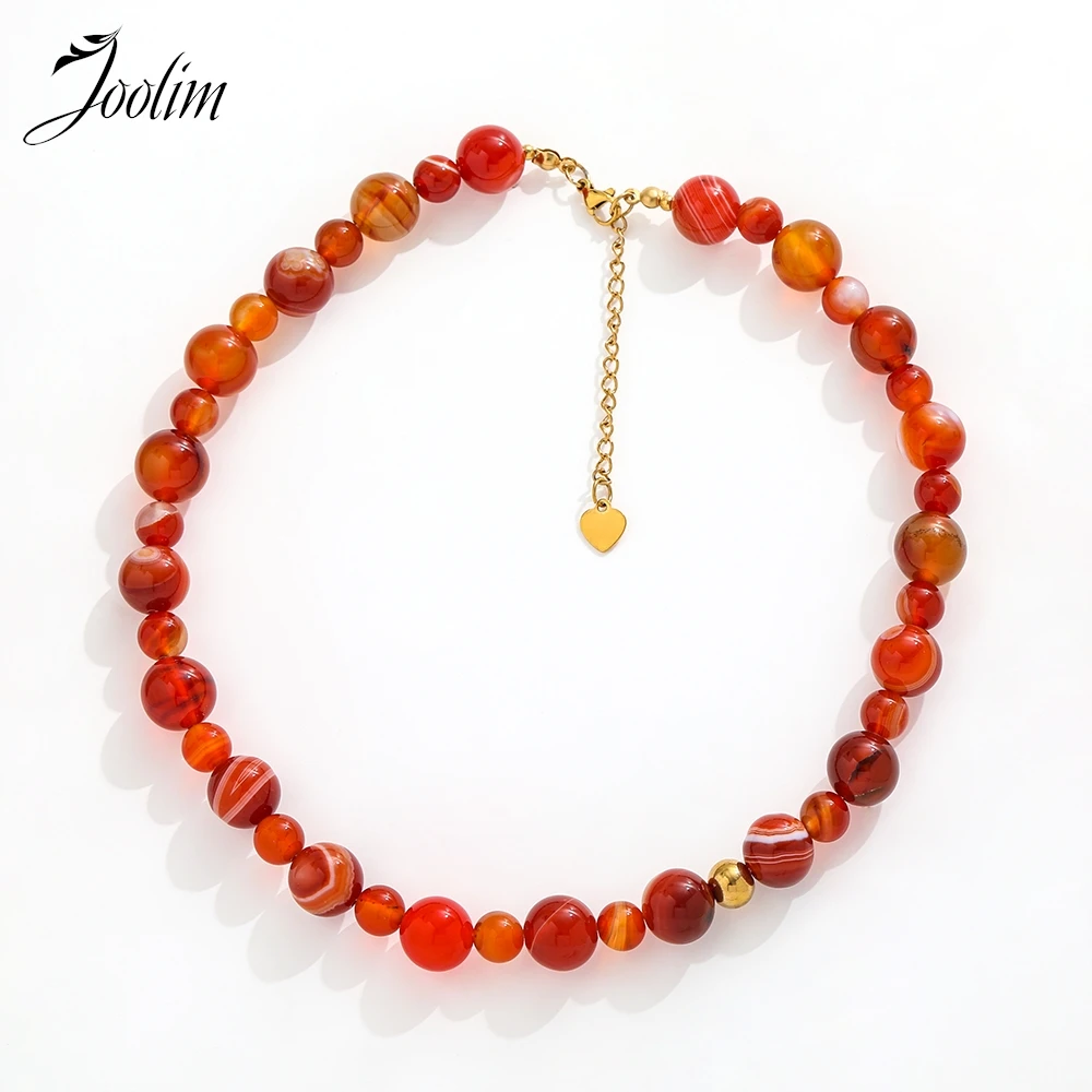 

Joolim Jewelry Wholesale Summer Beach Style Dainty Fashion Simple Patchwork Red Beaded Stainless Steel Necklace for Women