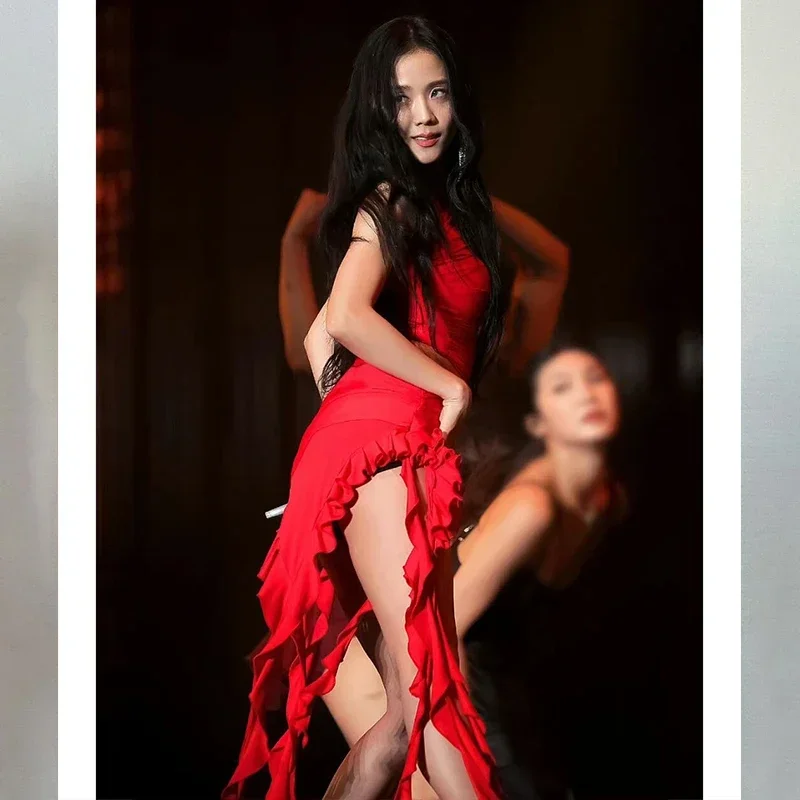 Vestido ahuecado rojo sin mangas para mujer, traje Sexy de cantante coreano Kpop, ropa de actuación de concierto Y2K, moda de escenario Irregular