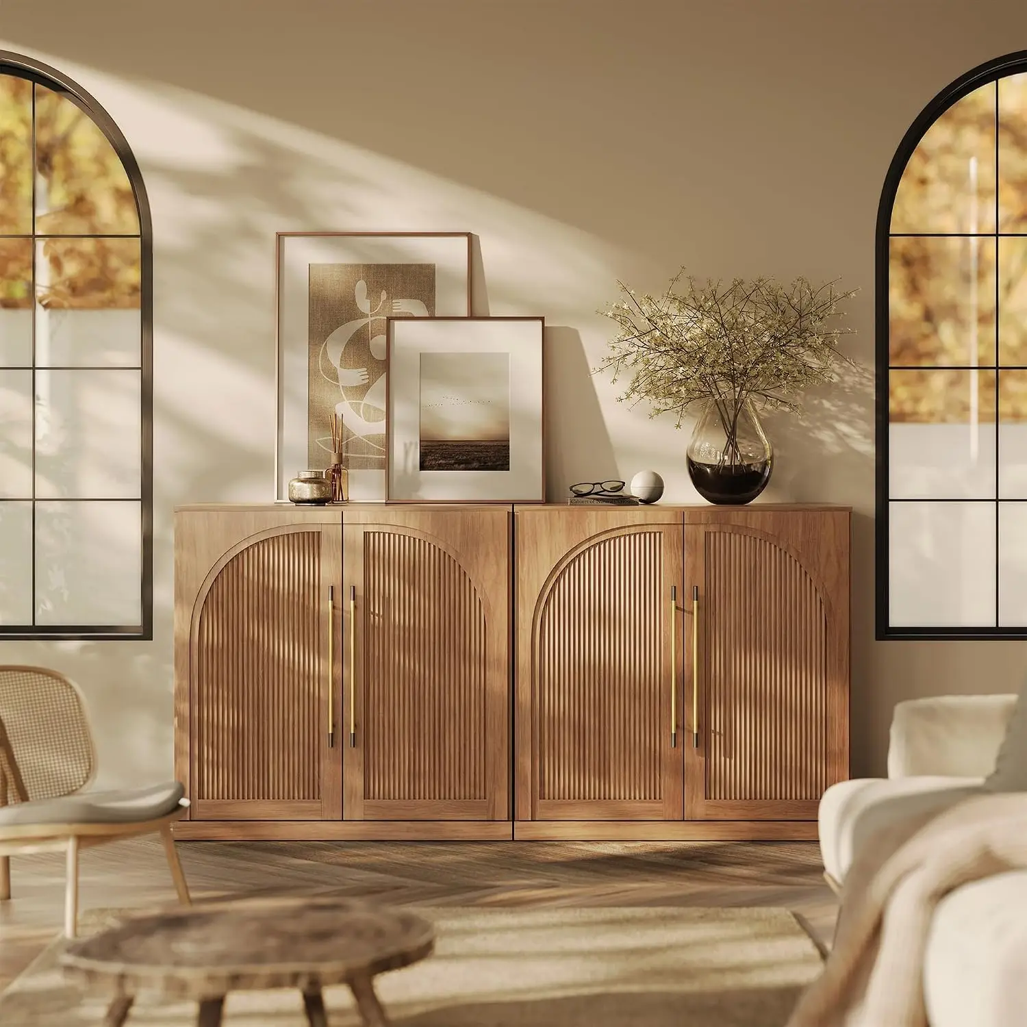Sideboard Buffet Cabinet Set of 2, Storage Credenza Console Table for Dining Living Room, Camel, Customized