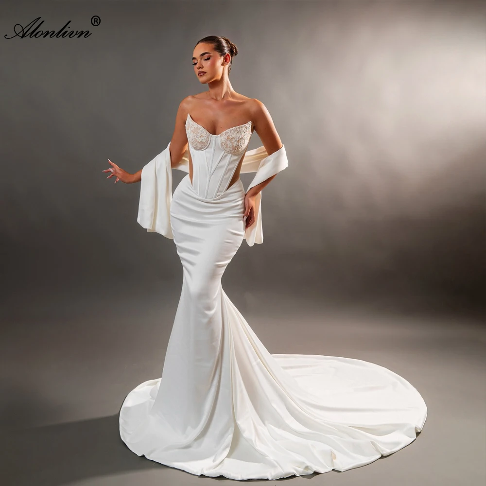 Gaun Pengantin Duyung Satin Alonlivn Custom Made, Model Sweetheart, Off Shoulder, Tanpa Lengan, Model Trumpet