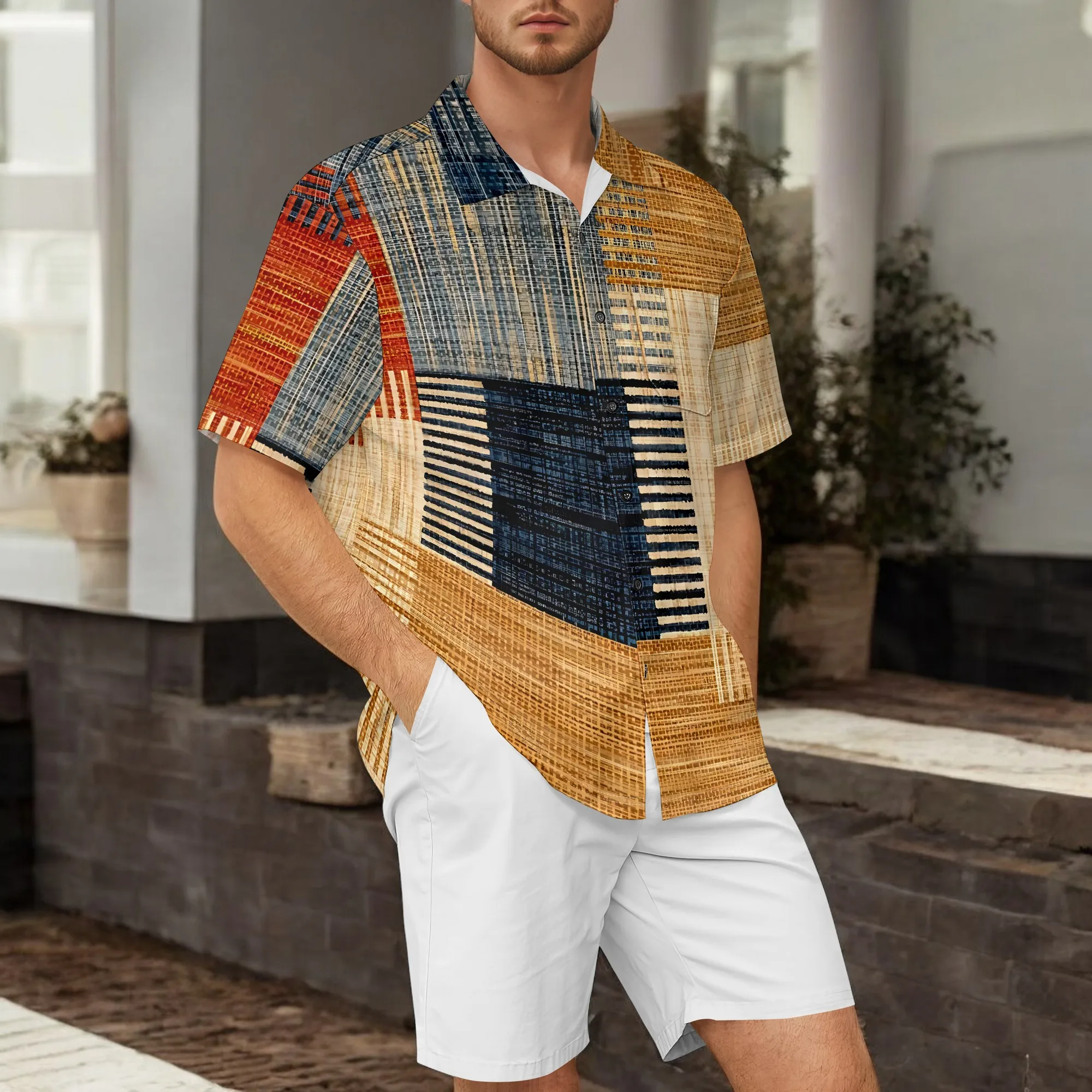 

YEAE Vintage Woven Patchwork Print Shirt for Men Summer Casual Short Sleeve Top