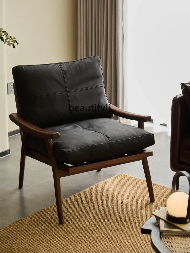 North American Black Walnut Leather Sofa Chair Nordic Single Leisure Chair Lazy Armchair