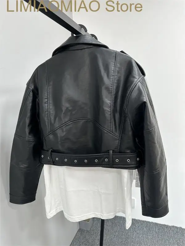 Women belt washed leather jacket, degradable zipper short jacket, retro return collar, elegant jacket