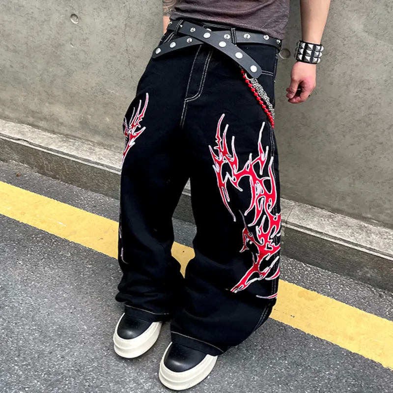 HKSH Jeans Bordir Duri Chic Desain Ceruk Retro Amerika Pasang Pria Baru Musim Semi Musim Panas Celana Longgar Lurus Kasual Ins HK5812