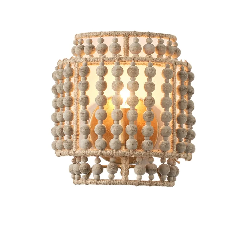 American Retro Wall Lamp, Crystal Hemp Rope Wooden Beads Handmade Creative French Simple Entrance Living Room Bedroom Bedside