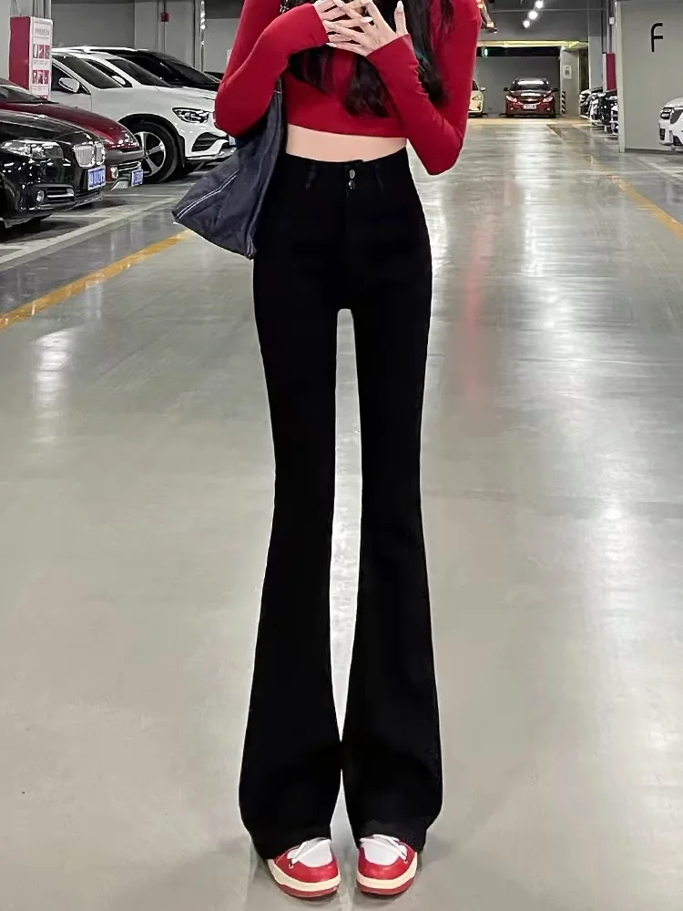 High Waist Slim Fit Micro Flared Denim Jeans Women's Spring Elastic Double Buttoned Wide Leg Pants Casual Pure Color Jeans