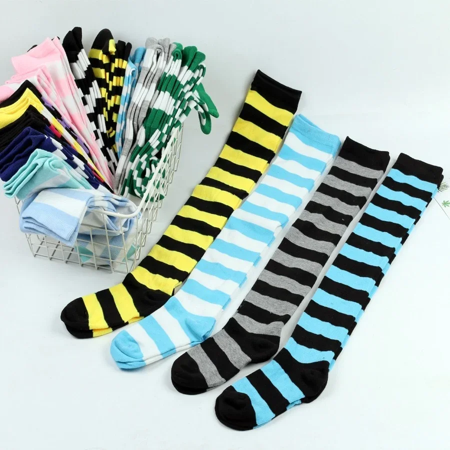 

Womens Striped Thigh High Stockings Ladies Girls Black White pink Long Over Above Knee Socks Cosplay Lolita Harajuku Y2k