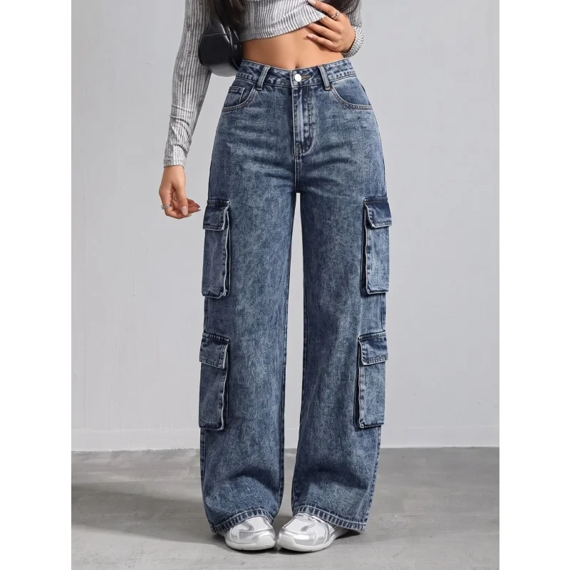 Women Blue Cargo Straight Leg Jeans Non-Stretch Denim Pants Vintage Y2K Streetwear Multi Pocket Baggy Workwear Trousers Casual
