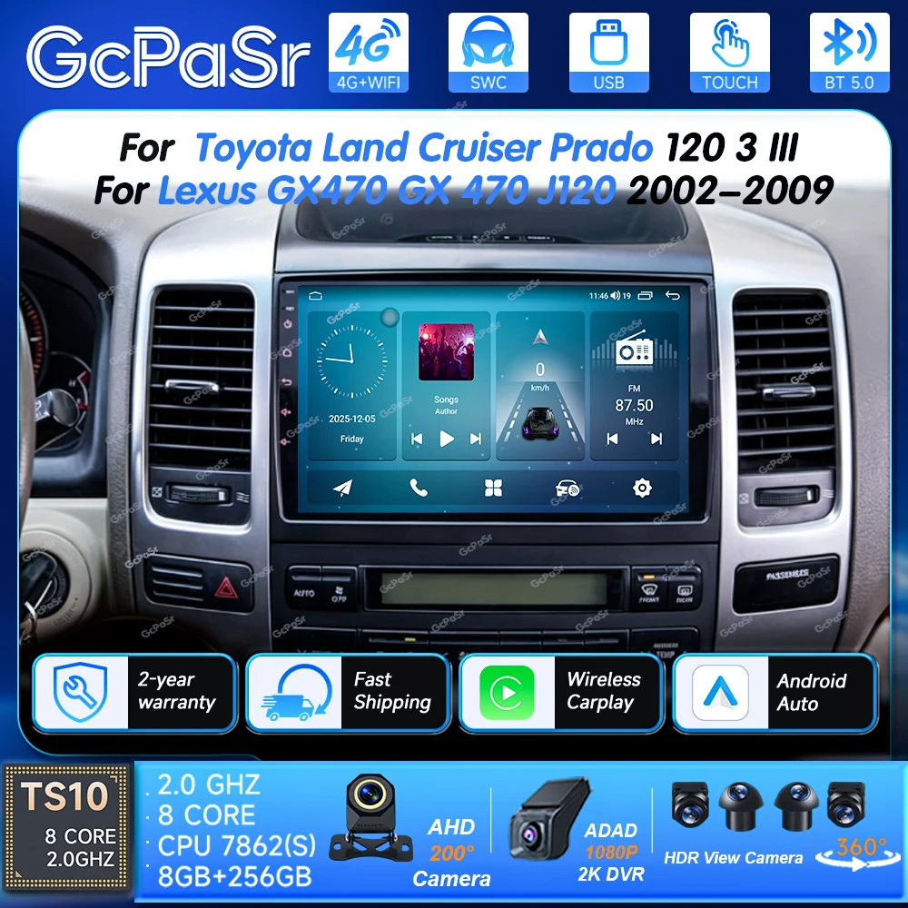 Android 16 For Toyota Land Cruiser Prado 120 3 III For Lexus GX470 GX 470 J120 2002 2003-2009 Stereo Head Unit 2 din Mirror Link