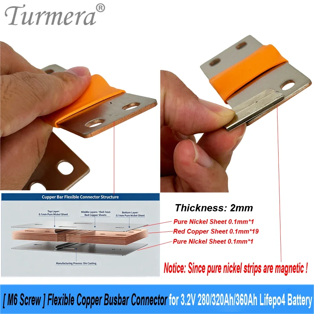 12V 48V Flexible Copper Busbar Connector Hole to Hole 74mm 56mm 2mm 4mm 300A for 280Ah 320A 360Ah Lifepo4 Battery Diy Use view 2