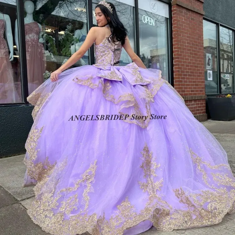 Angelsbridep lawendowa księżniczka Quinceanera sukienki meksykańska złote koronki aplikacje z koralikami słodka 16 sukienka na studniówkę suknie balowe