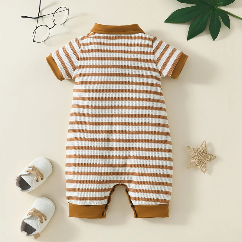 Infant Summer Clothes Newborn Baby Boy Stripe Short Sleeve Button Bowtie Romper Jumpsuit Outfit