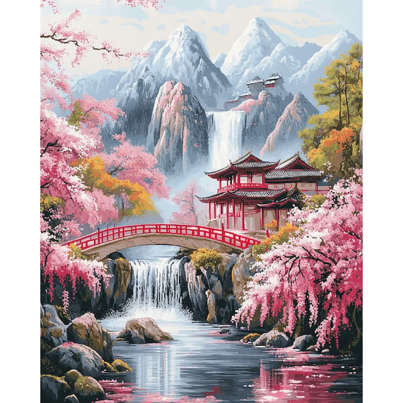 

GATYZTORY DIY Oil Painting By Numbers Cherry Blossom Tree Acrylic Canvas Drawing By Numbers Building Painting Diy Gift Home Deco