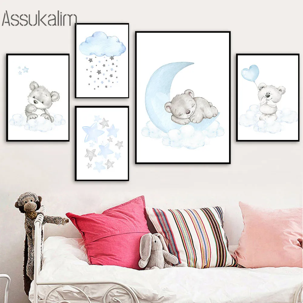 Bear Canvas Painting Balloon Print Pictures Blue Wall Art Stars Moon Painting Poster Nursery Posters Baby Boys Room Decoration