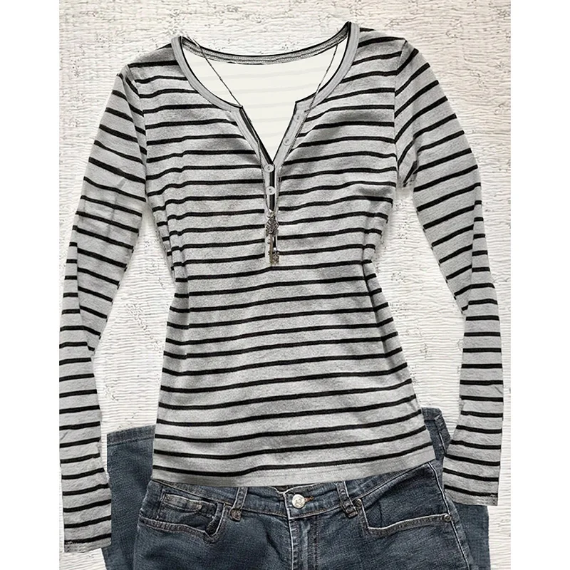 Striped Long Sleeve Top Women Korean Style Vintage Slim Fit Work Wear V Neck Button Autumn Winter Base Layer T-Shirt Y2K Tops