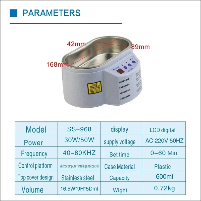 SS-968 Ultrasonic Cleaner 30/50W Sonicator Bath 40Khz Degas for Watches Contact Lens Glasses Denture Teeth Electric Makeup Razor