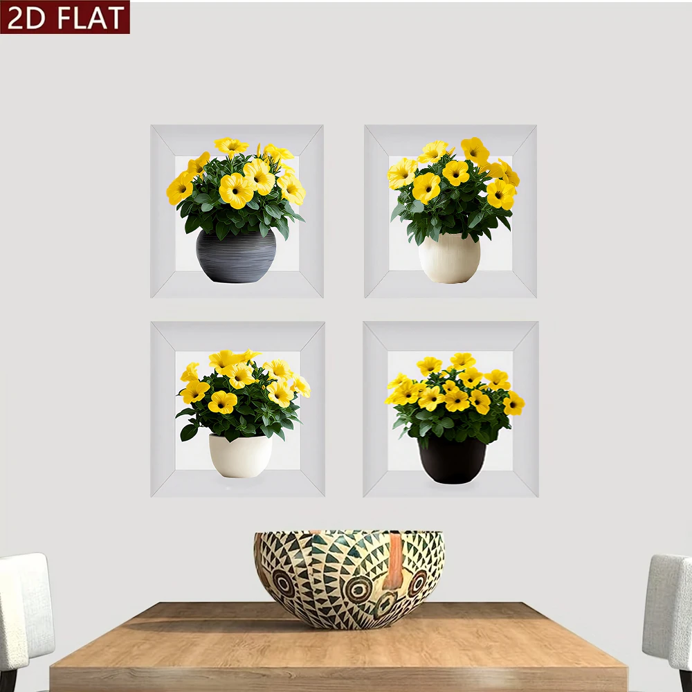 1 set of four link frameless wall sticker decorative paintings, modern and simple yellow flower potted plants, living room, bedr