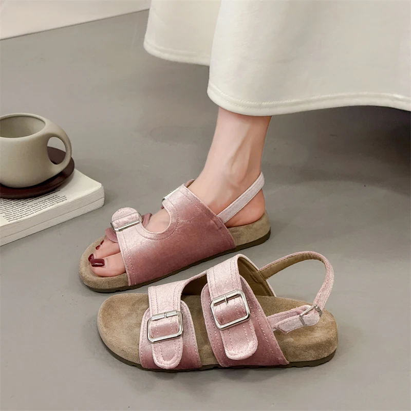 Velvet Flat Bottom Open Toe Sandals Women's Summer New Style Buckle Strap Casual Beach Shoes Thick Heel Slip-On Sandals