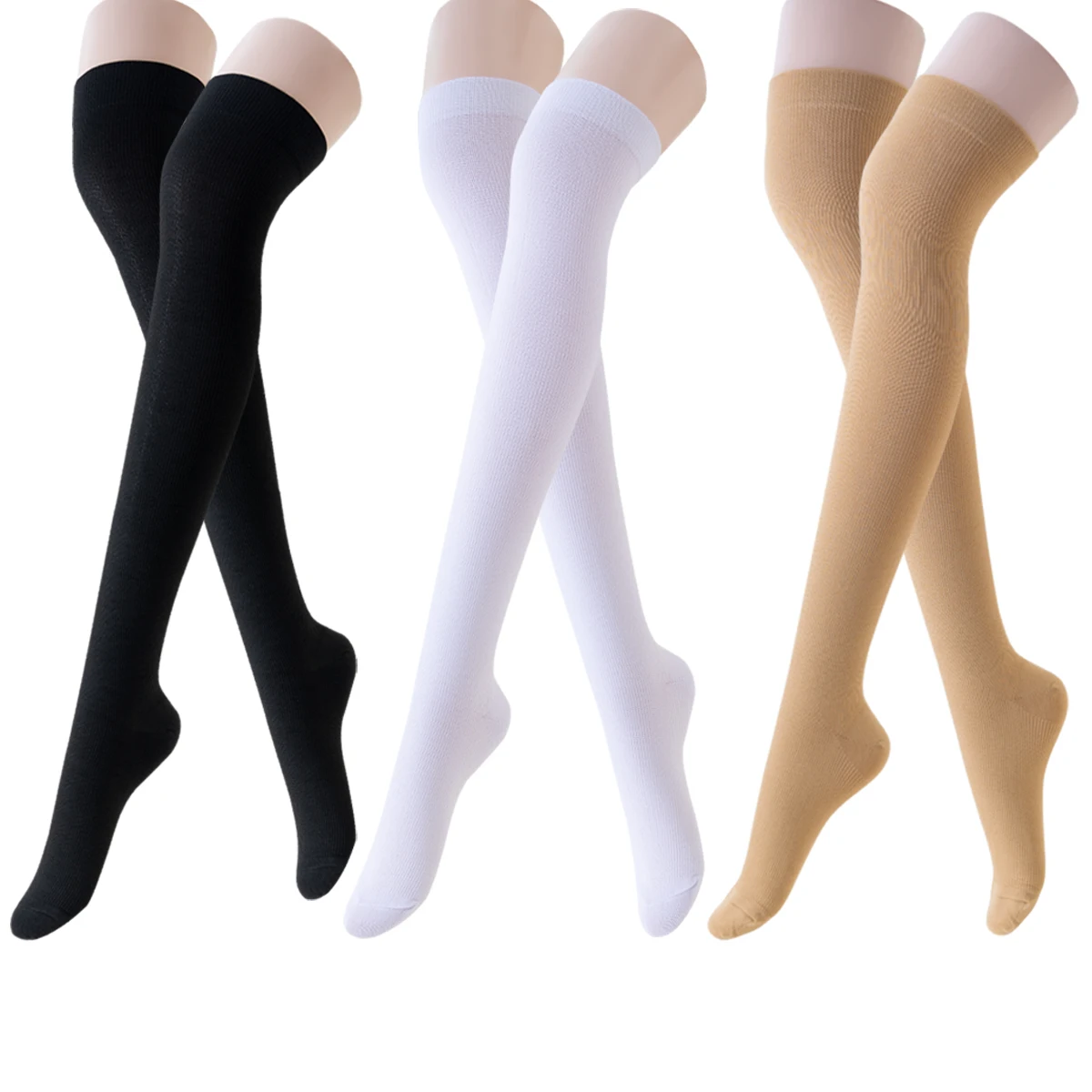 3 ペアブラックベージュホワイト女性女性腿高圧縮ソックス、膝上丈圧縮ストッキングソックススポーツ