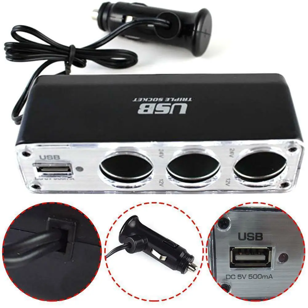 3 Way Multi Socket Car Cigarette Lighter Splitter USB Plug Charger DC 12V Triple Adapter With USB Port Car Accessories