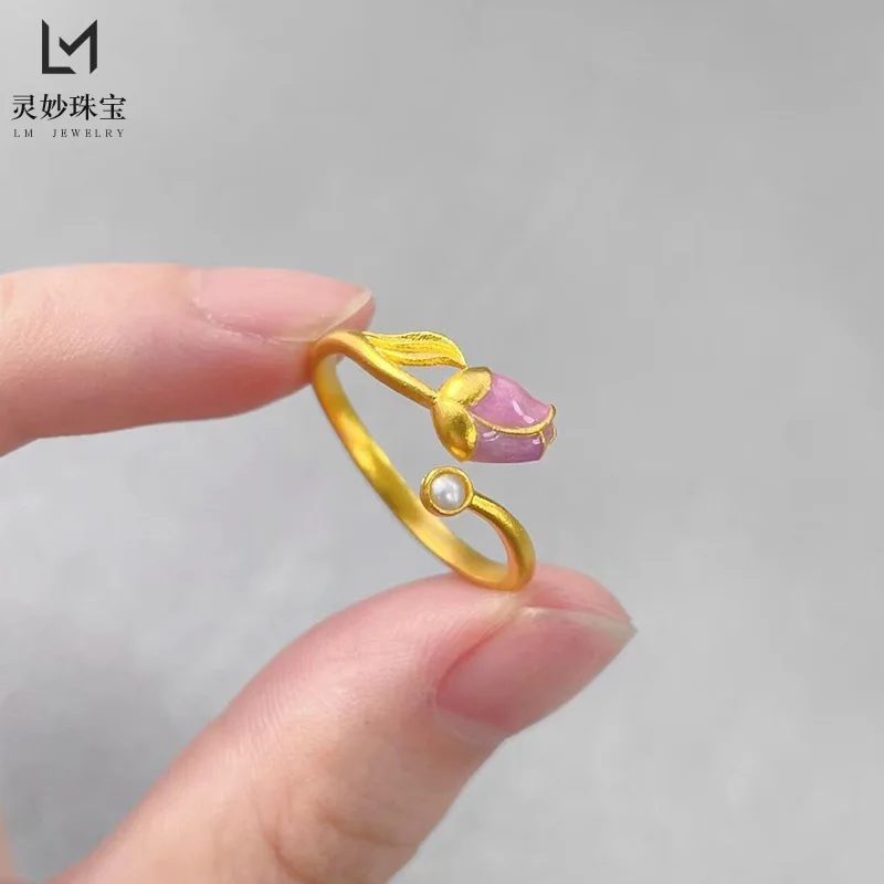 

9999 24K real gold luxury jewelry pearl opening ring meet happy temperament flowers to give your girlfriend gift