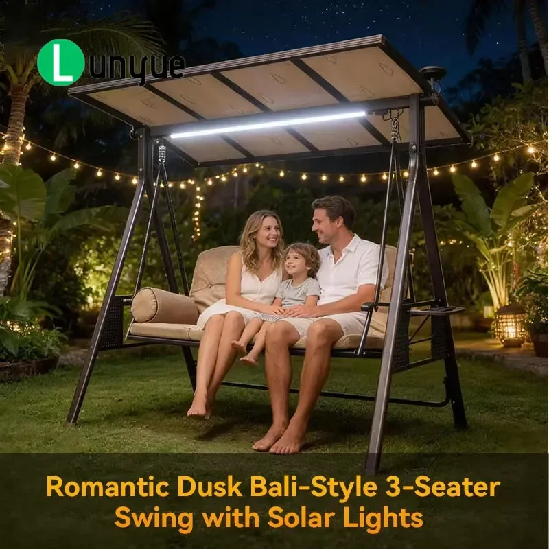 Modern Aluminum Triple Outdoor Swing Chair with Solar Light UV Protection Quick Drying Cushion for Hotel Villa Garden Patio