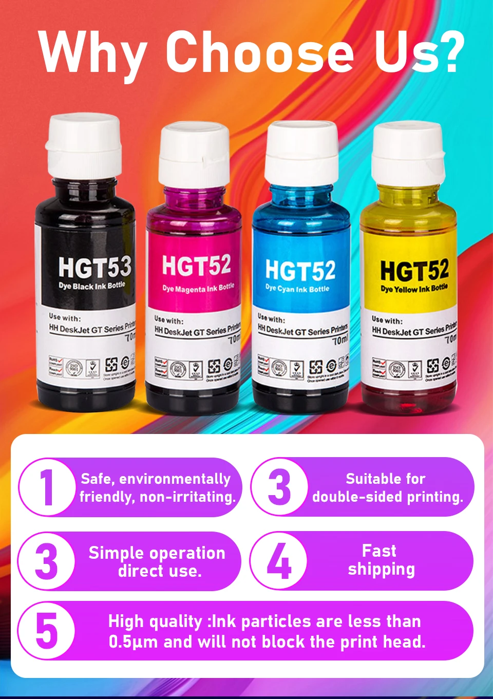 70ML GT53 GT52 Dye ink Refill Dye Ink For HP Smart Tank 508 511 514 515 518 519 530 531 532 533 538 571 419 412 411 416 printer