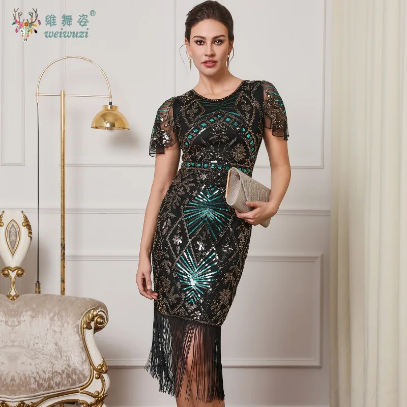 2025年ニューレトロボールディナーパーティー半袖タッセル刺繍グリッターメッシュネイルビーズカクテルパーティースリミングイブニングドレス