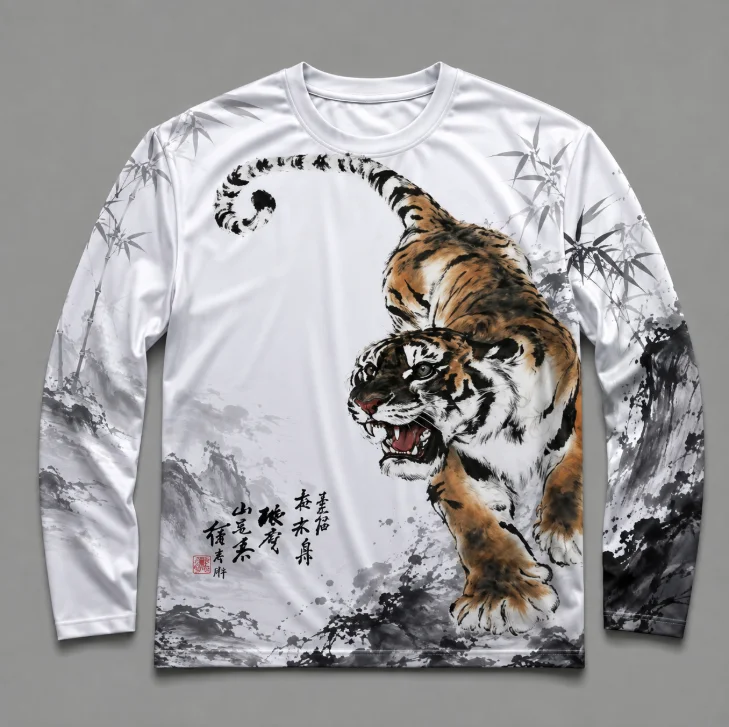 Fun T-shirt Y2K style 3D printed tiger pattern printed long sleeved T-shirt breathable and fashionable unisex top