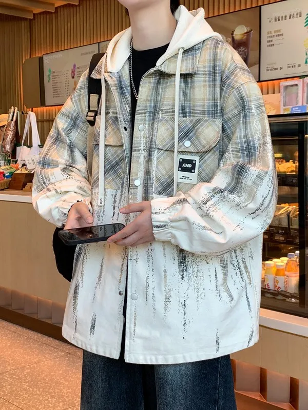 

Large Size Hooded Jacket Men's Fake Two-Piece Hong Kong Style Jacket Trendy Brand INS Spring Autumn Model Open Cardigan