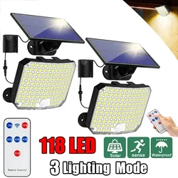 Luz Solar led para exteriores, lámpara de calle con 3 modos, Sensor de movimiento, Control remoto, IP65, impermeable, para pared de Patio, garaje y Patio trasero, 118LED