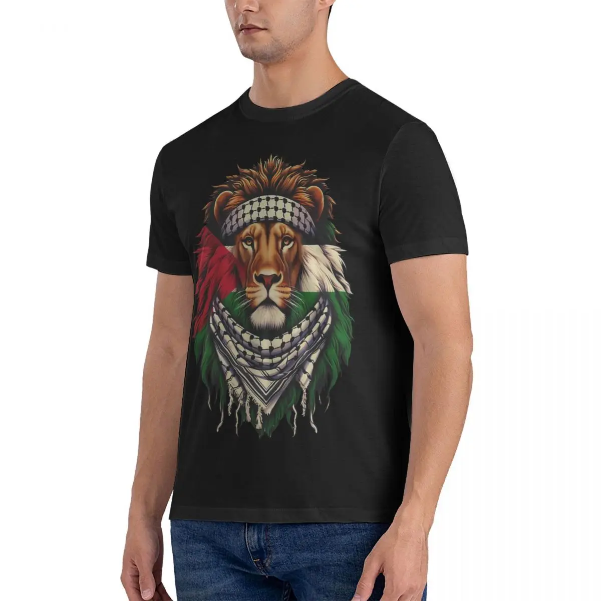 Lion Keffiyeh T Shirts for Men Cotton Vintage T-Shirts Round Collar Palestine Tees Short Sleeve Clothes Summer