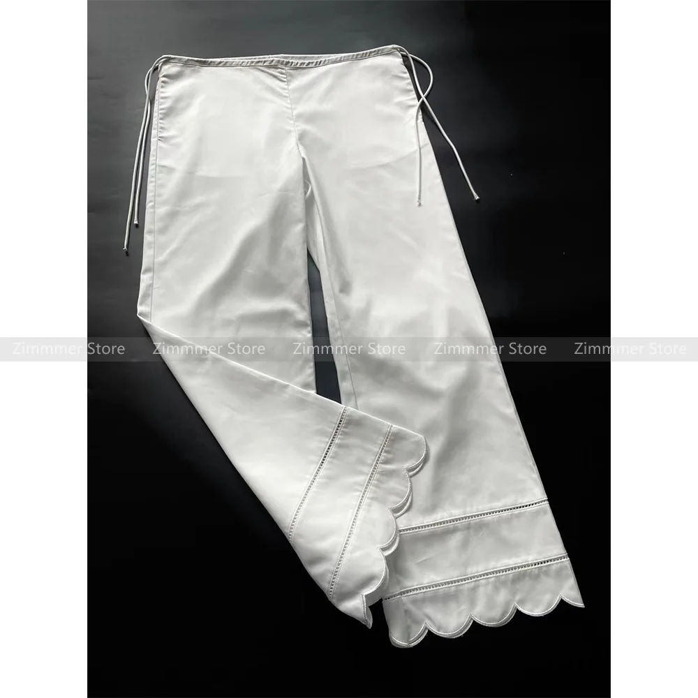 Niche 2024 summer and autumn fashion white drawstring tie adjustable waist leg lace casual straight trousers female