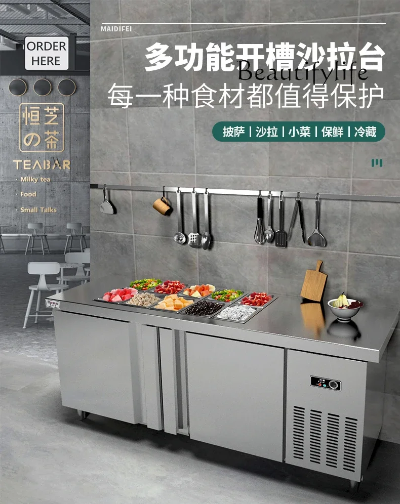 Salad Bar Slotted Fresh Water Bar Workbench Commercial Refrigerated Milk Tea Fruit Fishing Display Cabinet