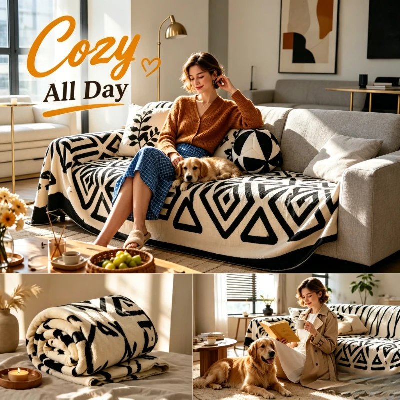 Black White Boho Sherpa Throw 180×230cm, Anti-slip Sofa Cover, Soft Breathable Furniture Blanket for Household Decoration