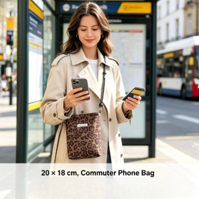 Women Girls Mini Leopard Print Canvas Phone Bag Adjustable Shoulder Strap Versatile Fashion Casual Crossbody Messenger Handbag