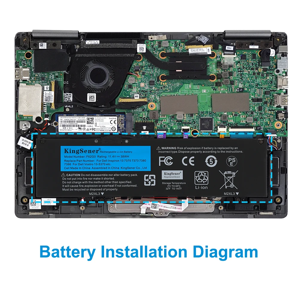 KingSener 노트북 배터리, DELL Inspiron 13 7386, 투인원 5370 7370 7380 7373 Vostro 5370 RPJC3 P91G P83G P87G 용, 11.4V 38WH F62G0
