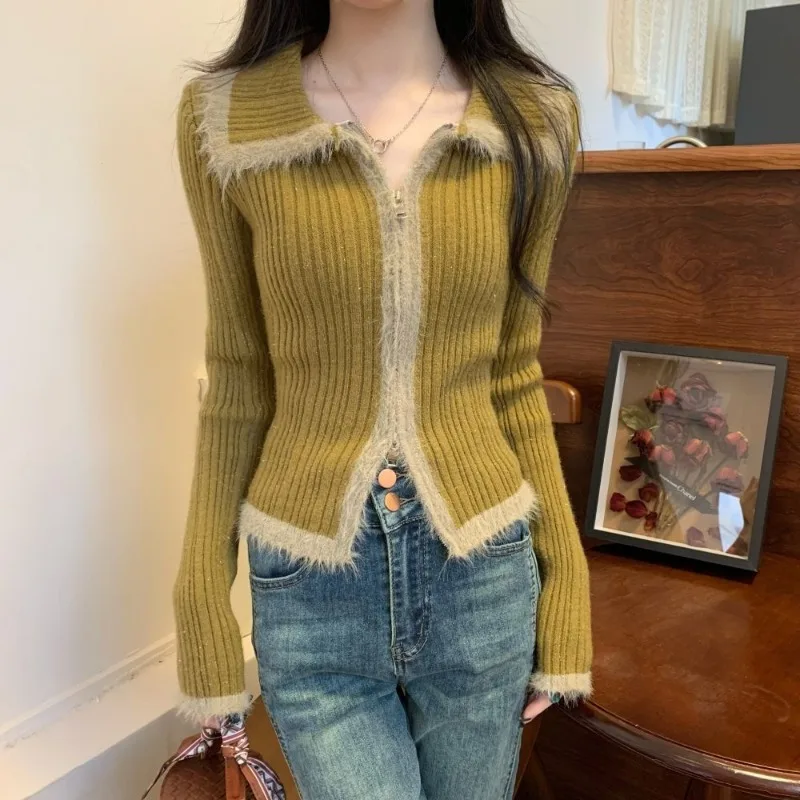 

Color Contrast Stitching Woolly Knit Base Sweater Women Autumn Winter Vintage Lapel Slim Sweater Jacket Short Cardigan Top 2024
