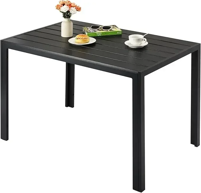 Outdoor eettafel 110x70x73cm terras aluminium metalen lattenbodem, grote rechthoekige zwarte tafel voor terras, achtertuin, gazon, tuin