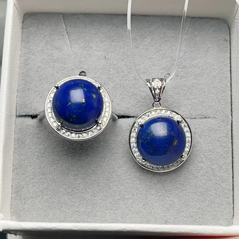 Set di gioielli classici in argento 925 per la festa totale 12ct anello in Lazurite naturale e ciondolo collana con regalo placcato in oro per la