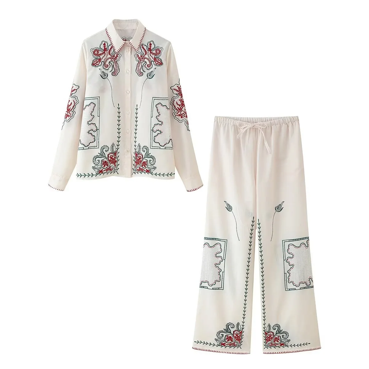 

BSK&TRAF2025 autumn new women's casual fashion simple lapel long-sleeved shirt top + contrast color embroidery pants